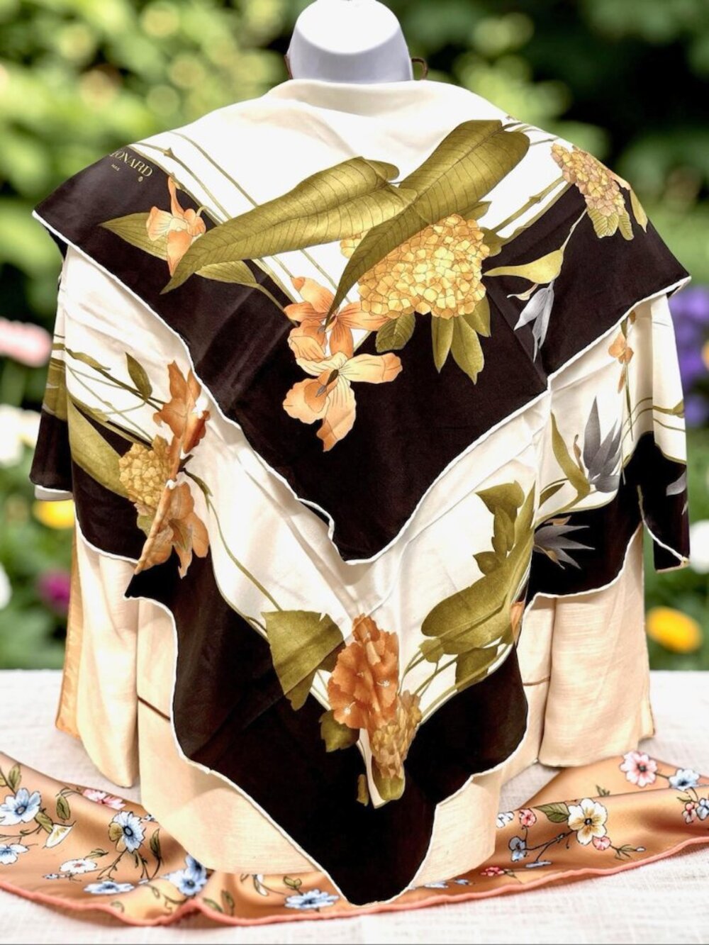 Leonard Paris 100% Silk Scarf 34" Ivery  beige brown green olive floral  (35